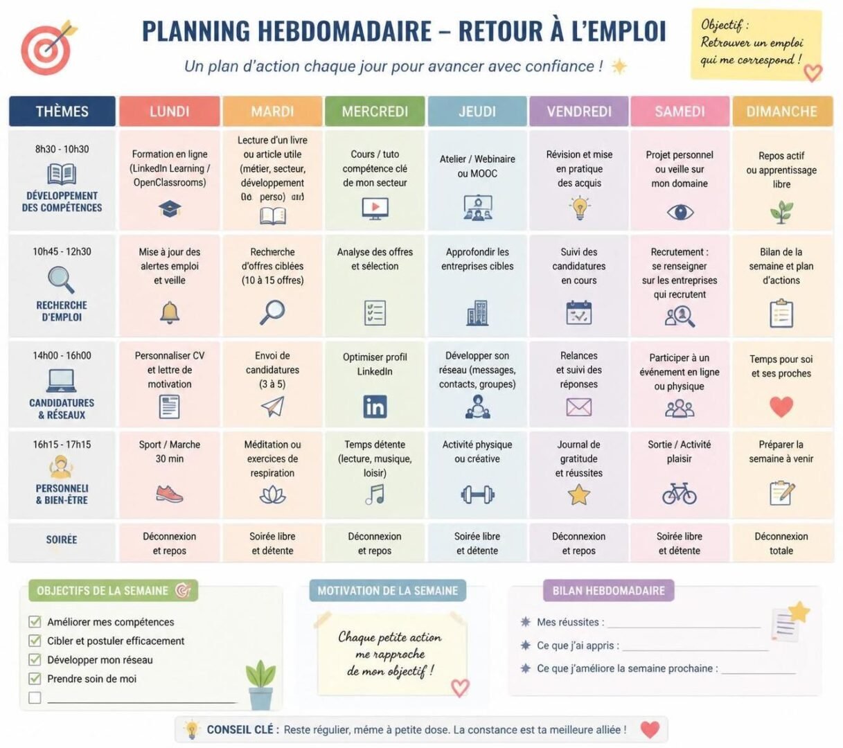 Retour à l’emploi: le planning hebdo réaliste qui évite la procrastination 1 découvrez un planning hebdomadaire réaliste pour faciliter votre retour à l'emploi et éviter la procrastination, afin de reprendre confiance et efficacité au quotidien.